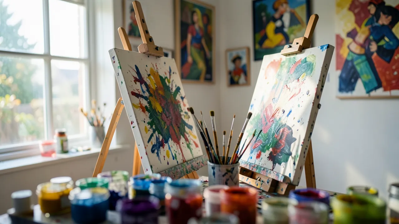 Atelier mit Staffelei, Malutensilien und Leinwand, farbige Pigmente im Vordergrund sowie Gemälde an der Wand, beleuchtet durch natürliches Morgenlicht, mit geringer Tiefenschärfe.